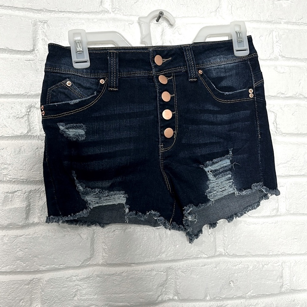 NWT Fashion Nova High Rise Distressed Denim Shorts Size 3 Dark Wash Button Fly